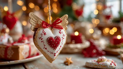 Festive Heart Ornament with Wings in Cozy Christmas Setting with Bokeh Lights
