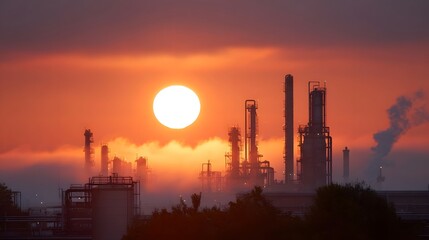 Fototapeta premium A chemical plant silhouetted against a dramatic sunset with rolling fog evoking industrial power and atmospheric conditions