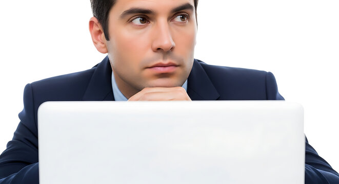 Professional man in a suit with hands on chin looking pensive contemplating a business decision while using a laptop