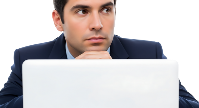 Professional man in a suit with hands on chin looking pensive contemplating a business decision while using a laptop