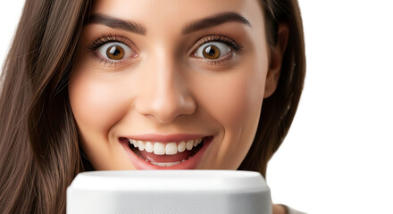 An excited young businesswoman smiling broadly as she explores the capabilities of an advanced technology product