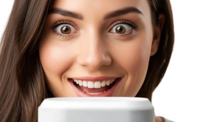 An excited young businesswoman smiling broadly as she explores the capabilities of an advanced technology product