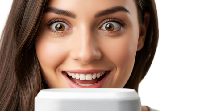 An excited young businesswoman smiling broadly as she explores the capabilities of an advanced technology product