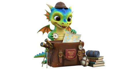 Cute cartoon dragon reading a book with a hat silhouette