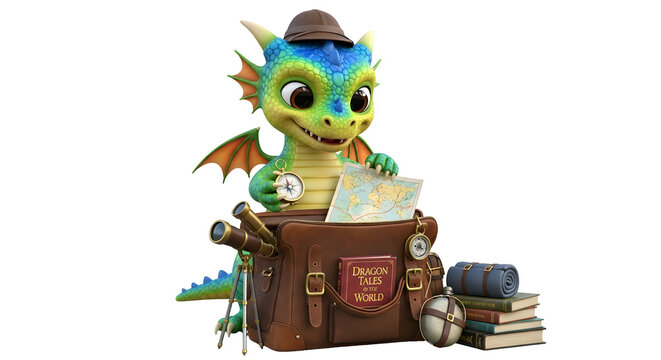 Cute cartoon dragon reading a book with a hat silhouette