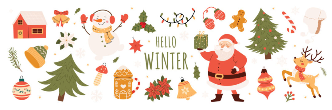 Cute winter elements set with Santa, snowman, reindeer, house, trees and holiday decorations. Cozy festive illustrations for Christmas design, cards, stickers and patterns. Vector collection.