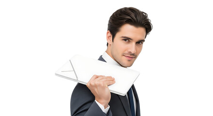A smart looking corporate employee holding white documents on his shoulder with a confident and approachable expression