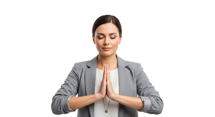 Professional businesswoman finding inner peace through meditation and mindfulness practice in a tranquil moment of self-reflection