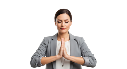 Professional businesswoman finding inner peace through meditation and mindfulness practice in a tranquil moment of self-reflection