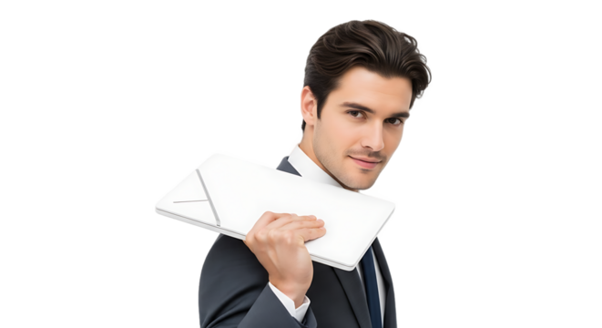 A smart looking corporate employee holding white documents on his shoulder with a confident and approachable expression - Powered by Adobe
