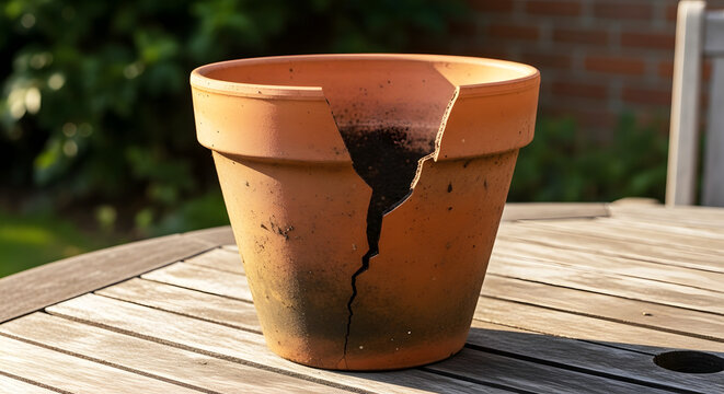 Empty flower pot with crack on wooden table in garden sunlight  