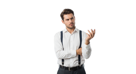 A confused young businessman in professional attire with suspenders expressing uncertainty through a questioning hand gesture