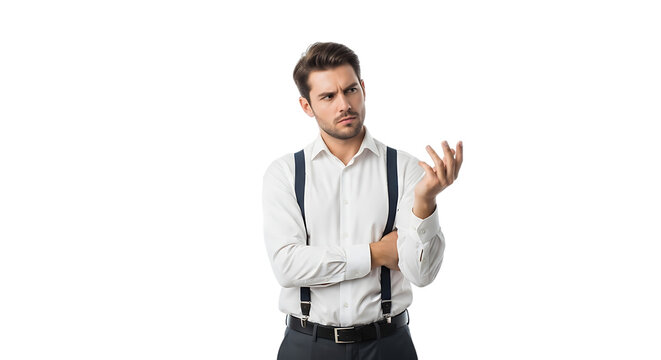 A confused young businessman in professional attire with suspenders expressing uncertainty through a questioning hand gesture