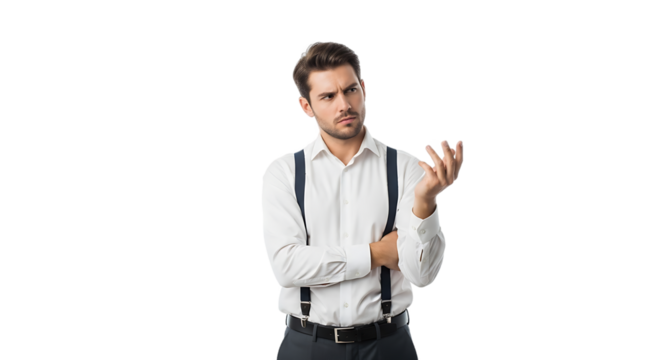 A confused young businessman in professional attire with suspenders expressing uncertainty through a questioning hand gesture