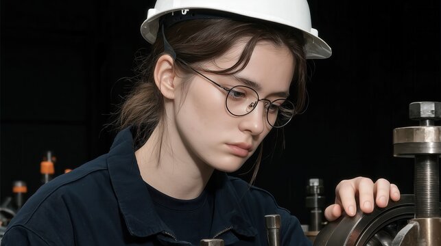 A young woman wearing a hard hat and glasses inspects machinery in a mechanical workshop. Focused and determined atmosphere.
