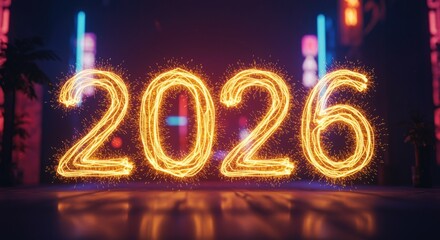 Golden sparkling 2026 numbers illuminating a vibrant futuristic urban night