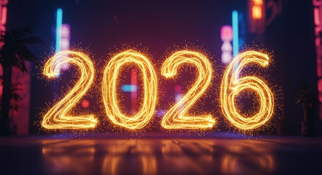 Golden sparkling 2026 numbers illuminating a vibrant futuristic urban night - Powered by Adobe