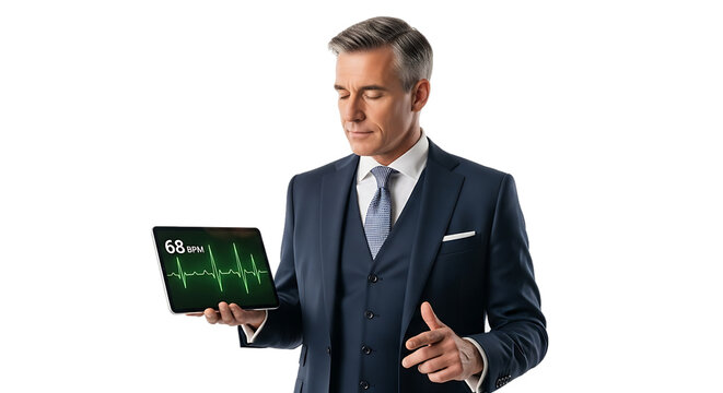 Professional businessman in a smart suit holding a digital tablet with financial data graphics on a transparent background - Powered by Adobe