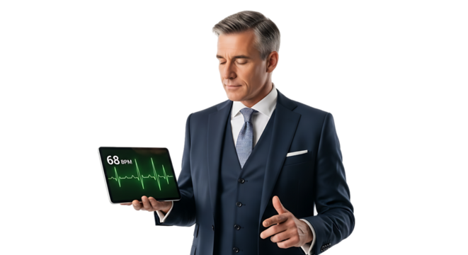 Professional businessman in a smart suit holding a digital tablet with financial data graphics on a transparent background