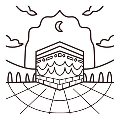 Kaaba Line Art with Arch Frame and Clouds