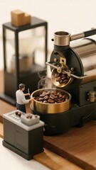 Miniature Coffee Roaster with Barista Stirring Fresh Coffee Beans