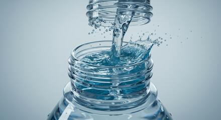 Water pouring into a clear plastic bottle, creating splashes and bubbles. Concept of hydration and pure liquid refreshment for beverage advertising.