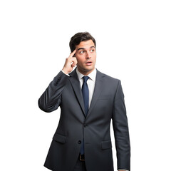 A sharp young executive in a suit pondering an innovative concept or a challenging business problem with deep thought