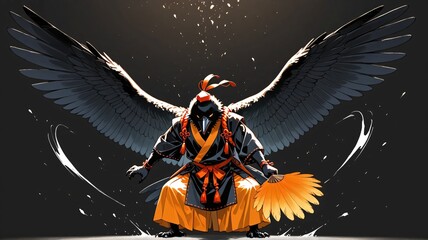 Majestic Warrior with Bird Wings and Fan in Dramatic Pose