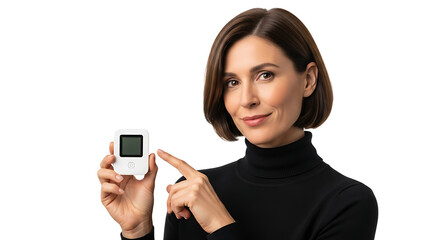 Smiling professional woman presents a compact white digital health monitoring device with a clear screen on an isolated background
