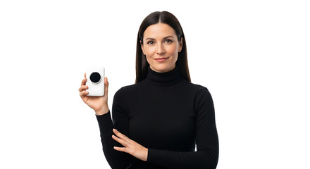 Smiling professional woman in a black turtleneck sweater presenting a modern white portable device with a sleek screen