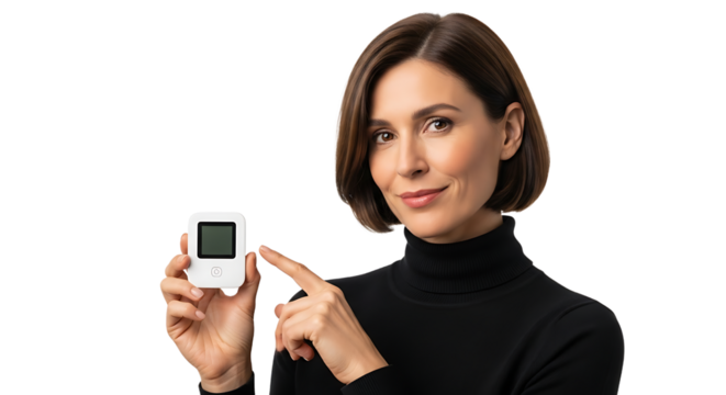 Smiling professional woman presents a compact white digital health monitoring device with a clear screen on an isolated background
