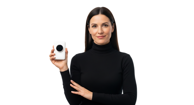 Smiling professional woman in a black turtleneck sweater presenting a modern white portable device with a sleek screen