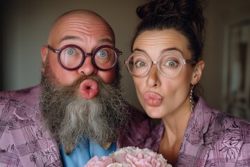 A couple with unique glasses and stylish outfits making playful faces while holding a bouquet of flowers. Fun and quirky moment captured in a light-hearted setting.