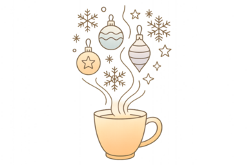 Winter Coffee Cup Illustration with Christmas Ornaments and Snowflakes