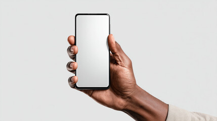 An african american hand holding a smartphone with a blank white screen display up close