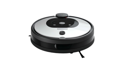 Round robot vacuum with silver top, black body on black background