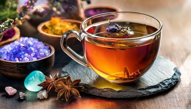 brewing a cup of herbal tea with healing crystals and spices