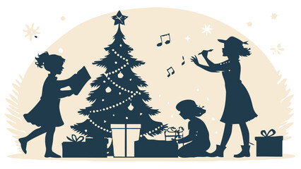 Festive holiday cheer with children singing carols, playing flute, and opening presents around a decorated Christmas tree, a classic vector holiday scene