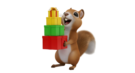 Happy squirrel holding a stack of colorful gifts silhouette