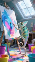 Colorful Chameleon Painting on Canvas in Vibrant Artistic Studio