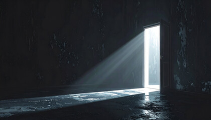Dark Room with Open Door Casting Light Beams on Wet Floor image photo