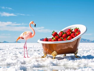 Pink Flamingo Next to Bathtub Full of Fresh Strawberries in Nature