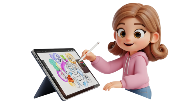 Young girl drawing on a digital tablet with a stylus silhouette