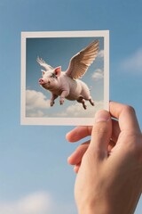 Flying Pig in Hand Against Blue Sky with Fluffy Clouds