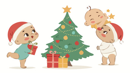 Delightful baby's first Christmas illustration with festive tree and gifts, perfect for holiday greetings and children's designs, creating heartwarming moments