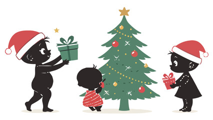 Festive Christmas Joy with Children Decorating Tree and Exchanging Gifts, Holiday Spirit, Family Fun, and Childhood Magic in Vector Style