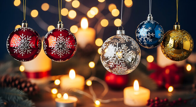 Colorful Christmas ornaments hanging among candles and fairy lights   - Powered by Adobe