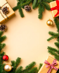 Holiday christmas border flatlay with gifts pine branches decor