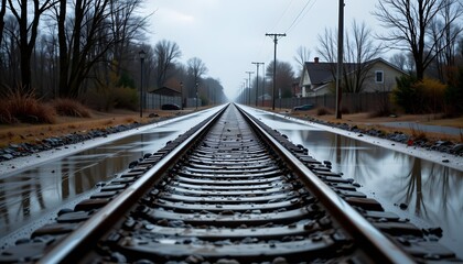 Fototapeta premium Railroad Tracks to the Horizon: Leading lines of a railway converge in the distance, cutting through a tranquil landscape.