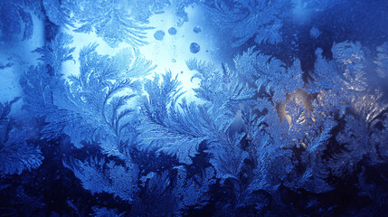Frosted ice patterns on glass with blue light glow and winter texture